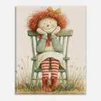 A vintage-style illustration print of a doll with curly red hair sitting on a green rocking chair in a field, shown against a light gray background.