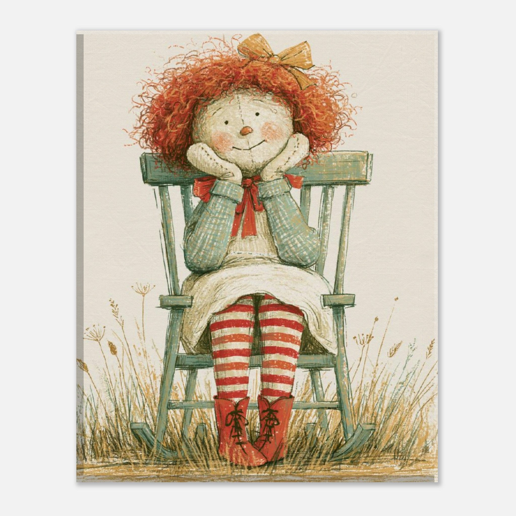 A vintage-style illustration print of a doll with curly red hair sitting on a green rocking chair in a field, shown against a light gray background.
