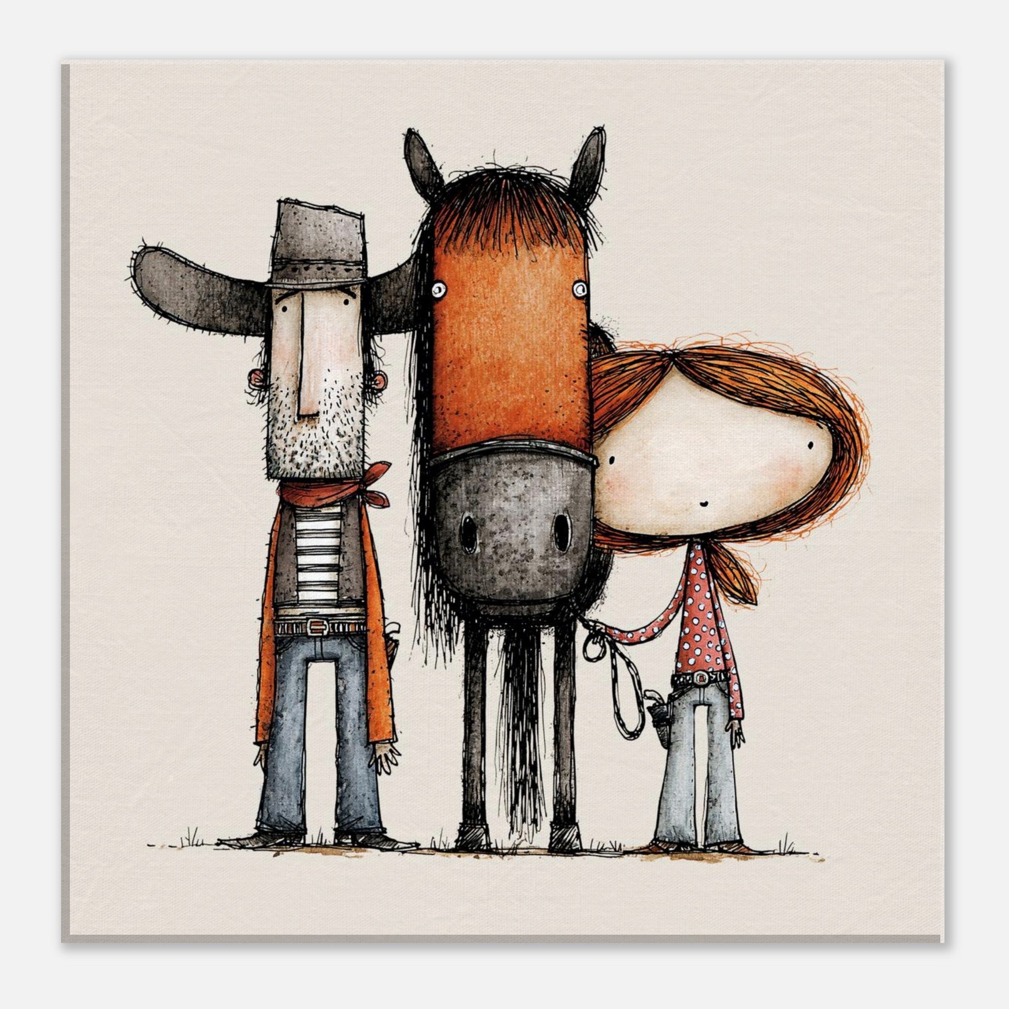 A square art print featuring a whimsical, hand-drawn illustration of a cowboy, a horse, and a girl on a warm beige background.
