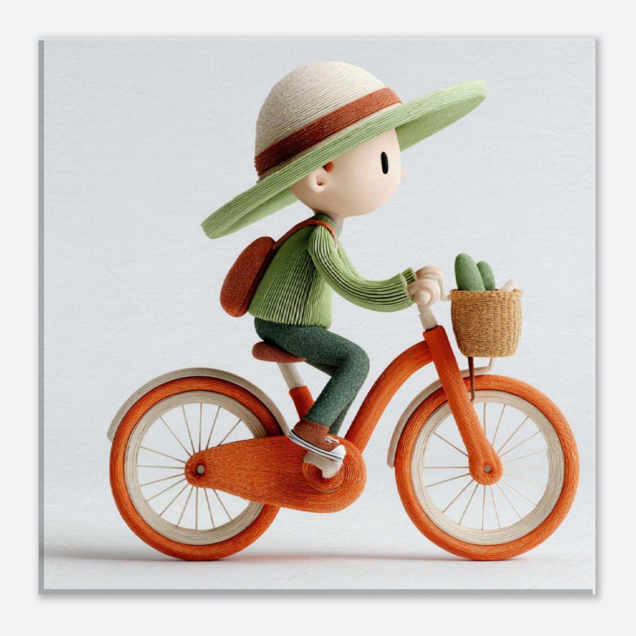 A stylized 3D-rendered character riding an orange bicycle against a light gray background. The character wears a wide cream hat with a brown band, a green sweater, dark green pants, and a brown backpack, with a small basket on the front holding two green cactus-like plants.