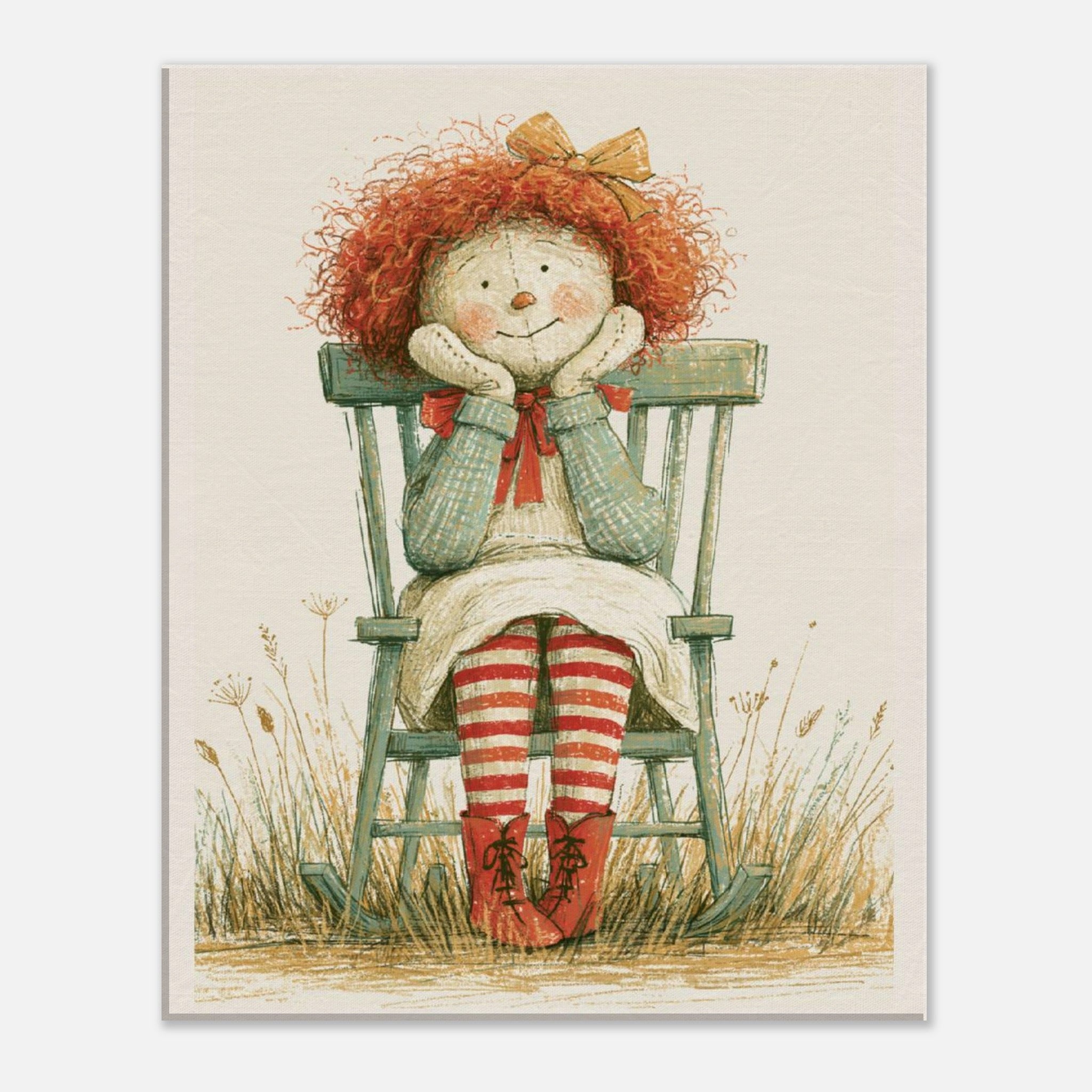 A vintage-style illustration print of a rag doll with curly red hair sitting in a green rocking chair, wearing red-and-white striped socks and red boots, on a cream background.