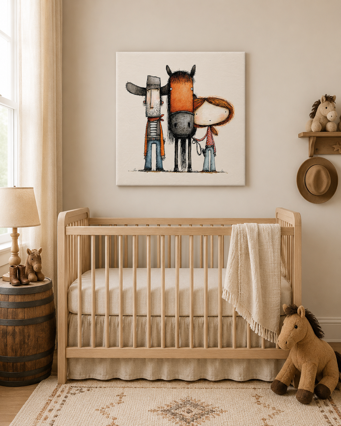 A framed wall art print showing a stylized horse and rider in muted orange, gray, black, and blue tones, displayed above a light wood crib in a softly styled nursery with a lamp, rug, and stuffed horse.