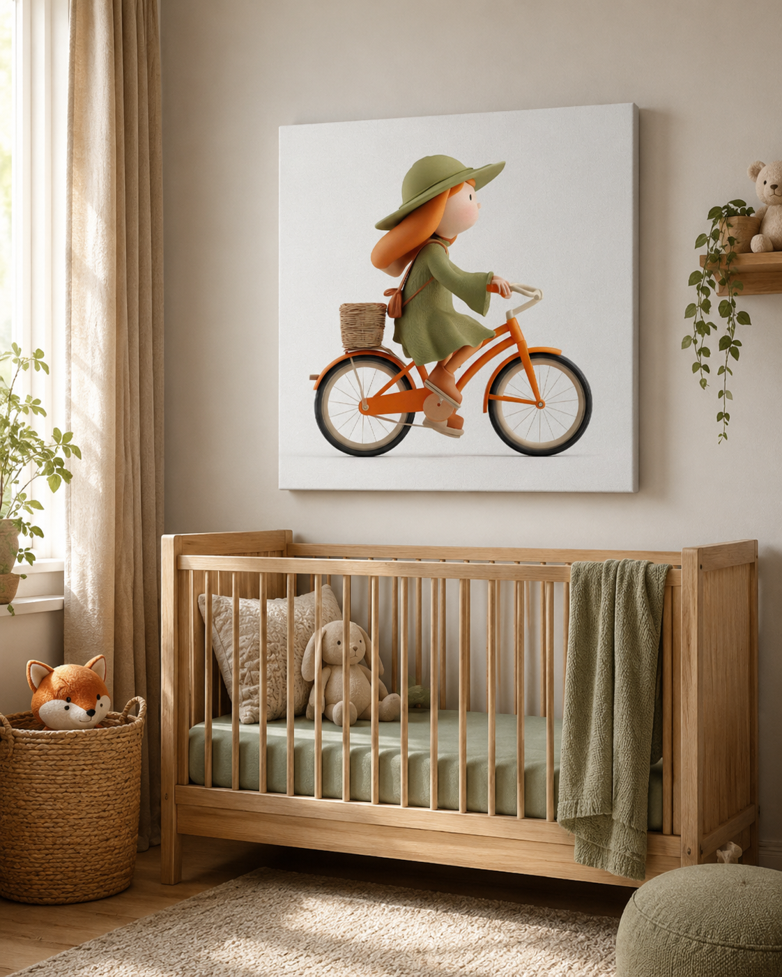 A square wall art print showing a child in a green hat riding an orange bicycle, displayed above a wooden crib in a softly styled nursery with beige walls, curtains, stuffed toys, and a small plant.