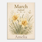 A personalized vertical art print featuring a vintage-style botanical illustration of two daffodils and delicate wildflowers on a warm cream background. The text reads 'March Daffodil' at the top and 'Amelia' at the bottom, with 'March' and 'Amelia' in a dark brown serif font and the daffodils in pale yellow and cream tones with green stems.