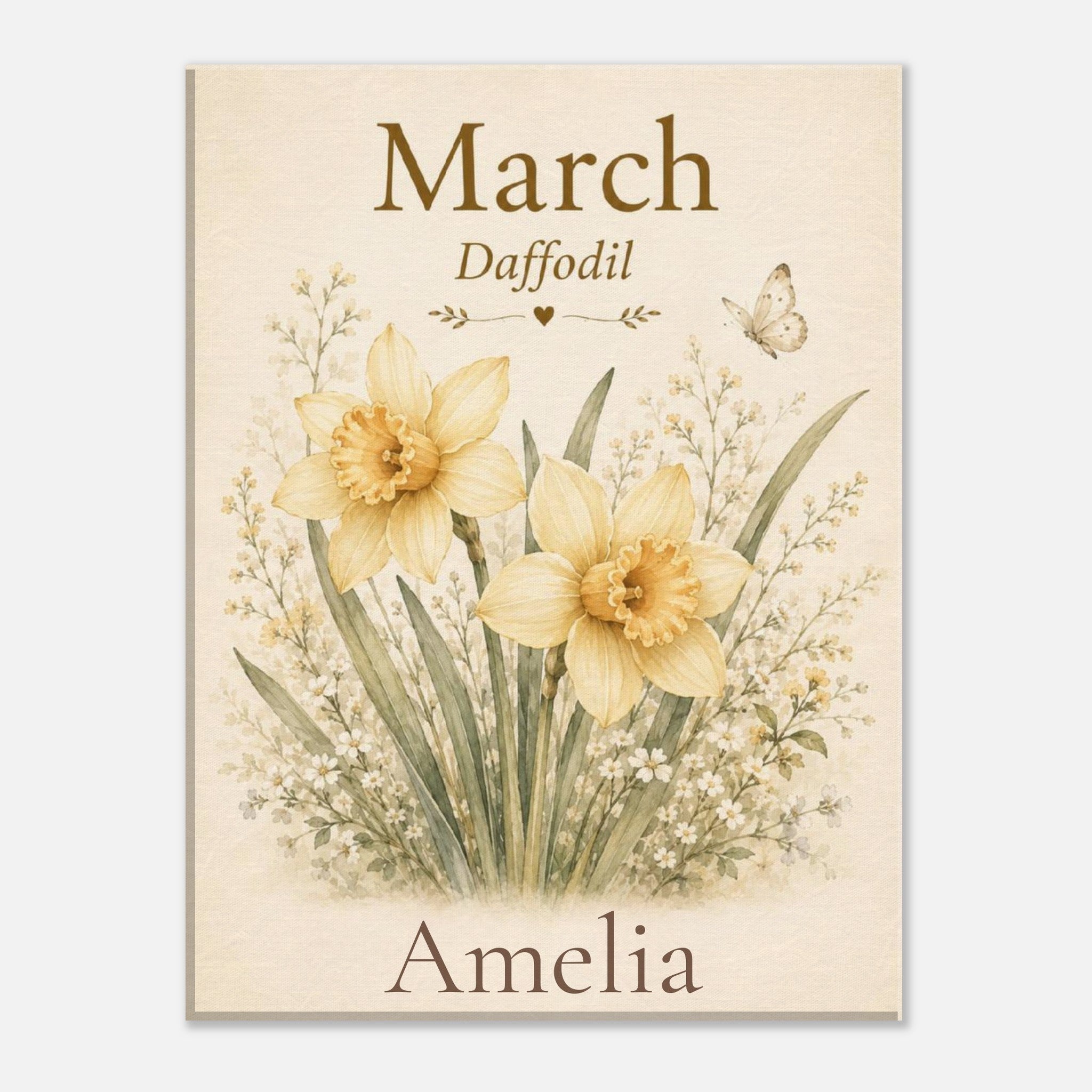 A personalized vertical art print featuring a vintage-style botanical illustration of two daffodils and delicate wildflowers on a warm cream background. The text reads 'March Daffodil' at the top and 'Amelia' at the bottom, with 'March' and 'Amelia' in a dark brown serif font and the daffodils in pale yellow and cream tones with green stems.