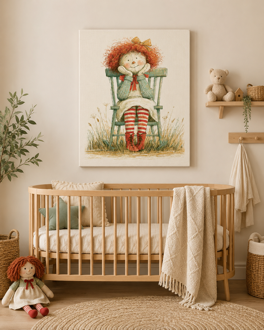 A framed vintage-style nursery wall art print depicting a red-haired doll sitting in a green chair, displayed above a light wood crib in a softly styled baby nursery.