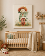 A framed vintage-style nursery wall art print depicting a red-haired doll sitting in a green chair, displayed above a light wood crib in a softly styled baby nursery.