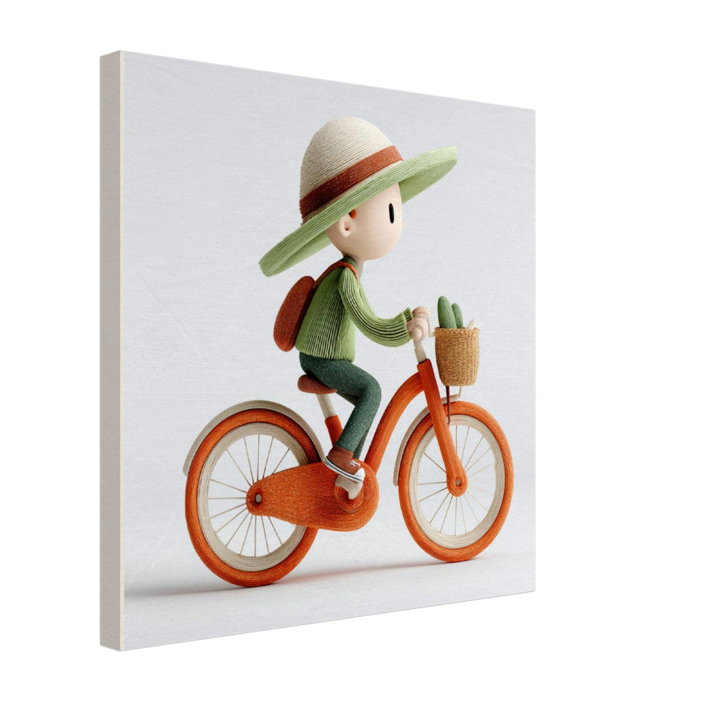 A square canvas wall art print featuring a whimsical 3D-style illustration of a child riding an orange bicycle, shown at a slight angle against a plain white background.