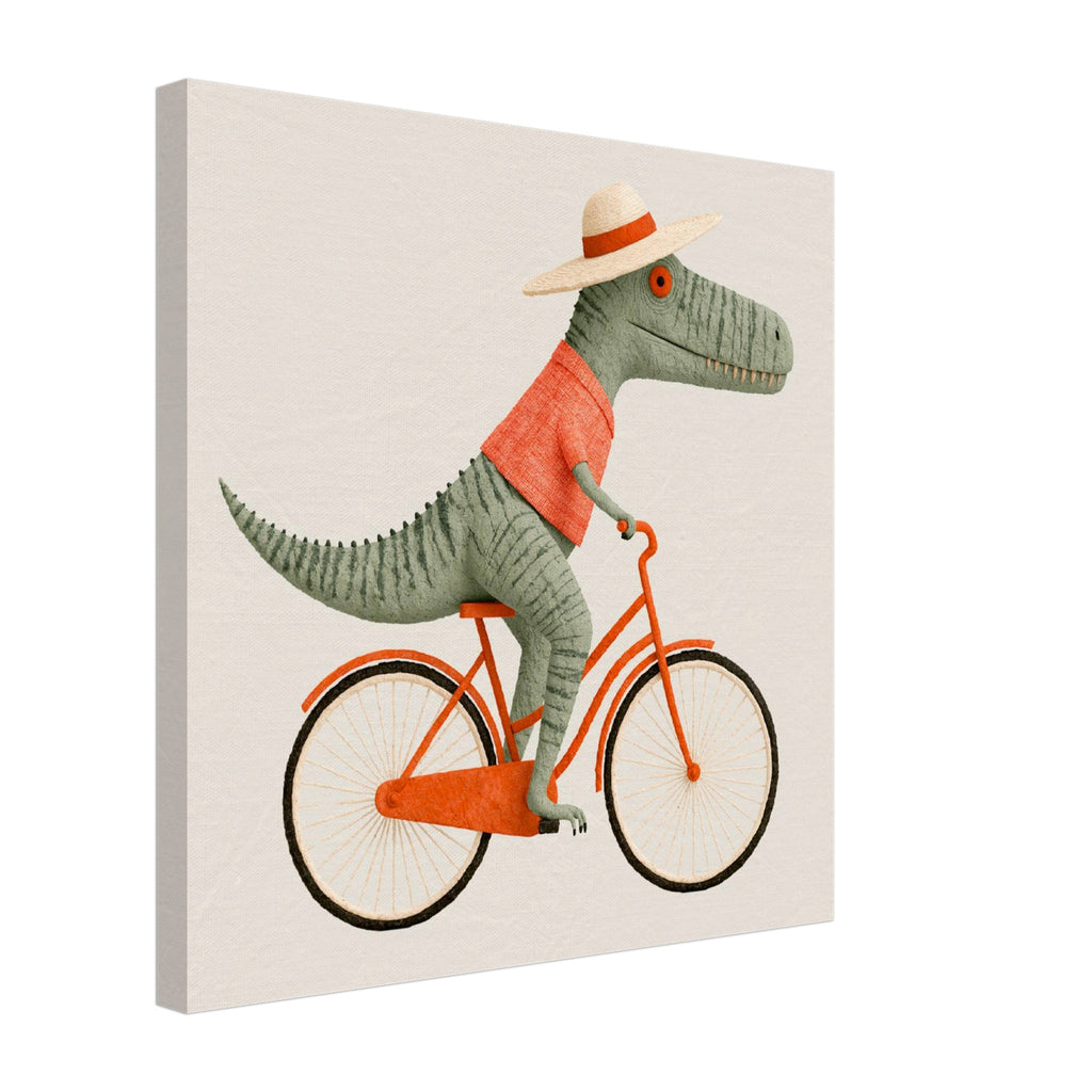 A square canvas wall art print featuring a whimsical illustration of a green dinosaur riding an orange bicycle, wearing a cream-colored straw hat with an orange band. The canvas is shown at an angle to display its 3D depth on a clean white background.