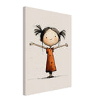 A vertical canvas wall art print featuring a whimsical cartoon illustration of a smiling girl with dark hair in pigtails, wearing an orange dress, standing on a light beige background.