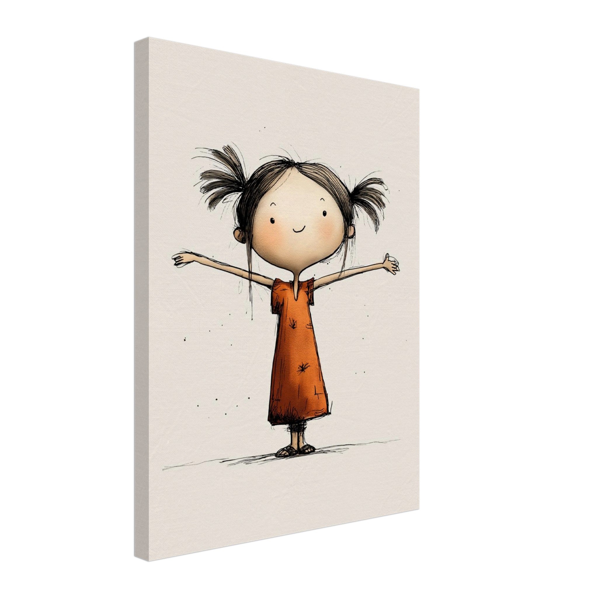 A vertical canvas wall art print featuring a whimsical cartoon illustration of a smiling girl with dark hair in pigtails, wearing an orange dress, standing on a light beige background.