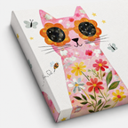 A square canvas print featuring a whimsical illustration of a pink cat wearing flower-shaped sunglasses, decorated with colorful wildflowers, butterflies, and a bee on a white background.
