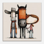 A whimsical illustrated scene showing a cowboy, a horse, and a woman on a beige background. The artwork appears to be the product itself rather than a photo of a physical object in a room, so this fits Scenery per the schema for art/prints/posters where the depicted scene is the product.