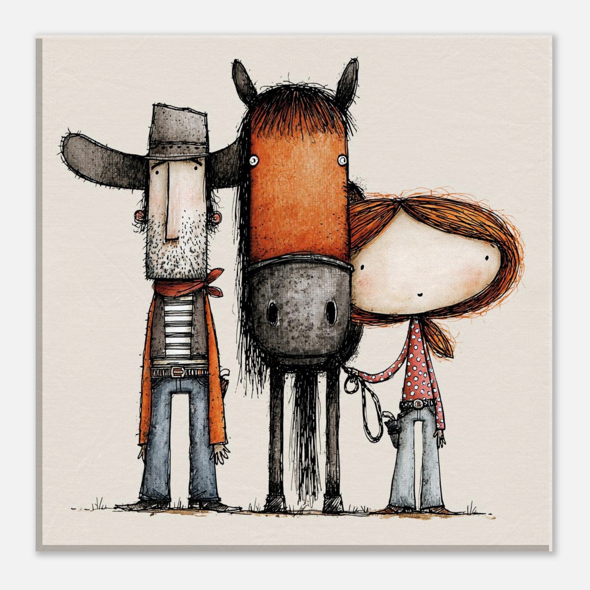 A whimsical illustrated scene showing a cowboy, a horse, and a woman on a beige background. The artwork appears to be the product itself rather than a photo of a physical object in a room, so this fits Scenery per the schema for art/prints/posters where the depicted scene is the product.