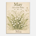 A personalized art print featuring a vintage-style botanical illustration of a lily of the valley bouquet with a butterfly, on a warm cream background. The text reads 'May Lily of the Valley' at the top and 'Mia' at the bottom.