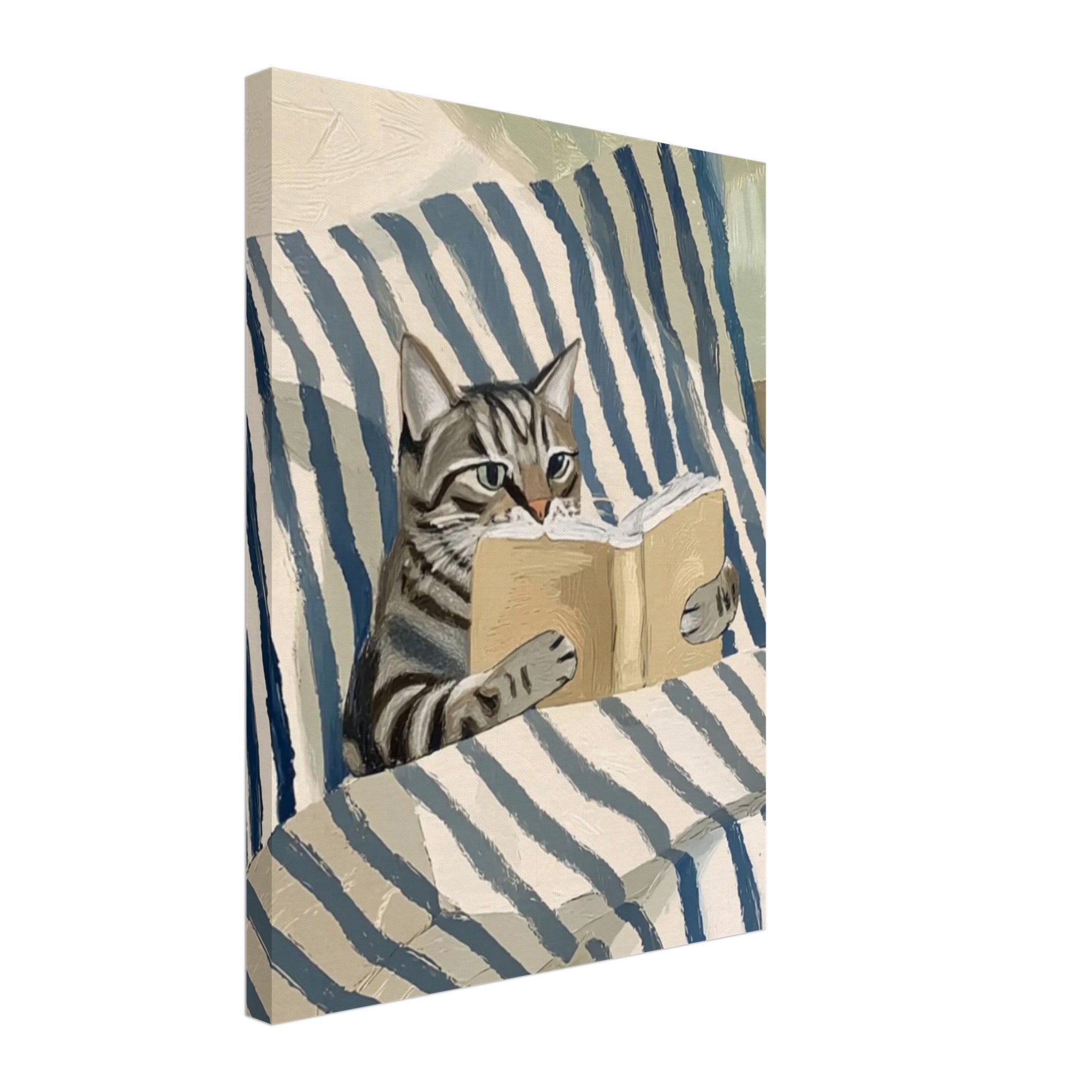 A rectangular wall art print or canvas showing a tabby cat reading a book, set against blue-and-cream zebra-like stripes. The artwork is photographed at an angle on a plain white background.