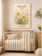 A personalized nursery wall art print featuring yellow daffodils and the names 'March' and 'Amelia', displayed above a light wood crib in a softly styled baby room.