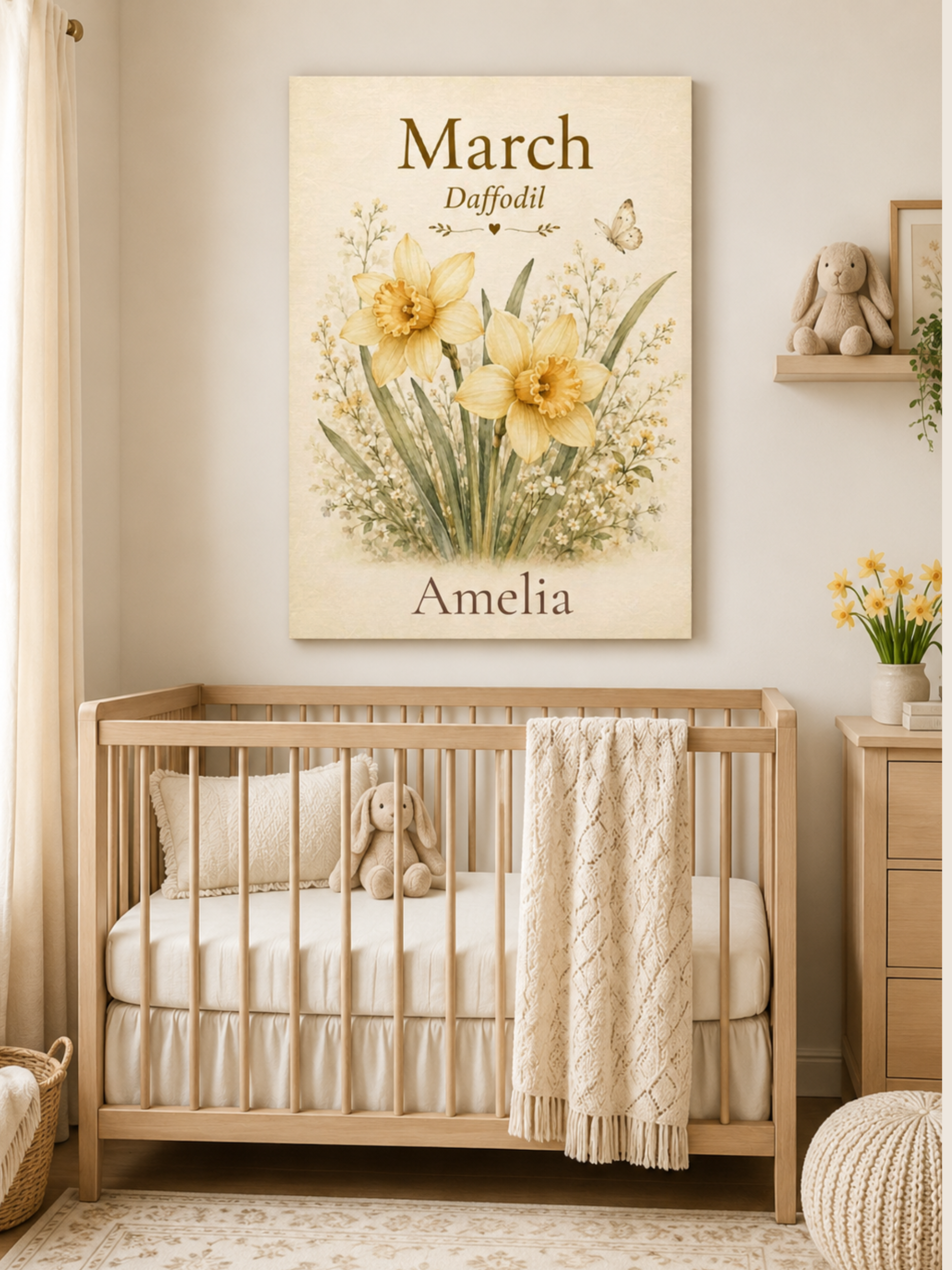 A personalized nursery wall art print featuring yellow daffodils and the names 'March' and 'Amelia', displayed above a light wood crib in a softly styled baby room.