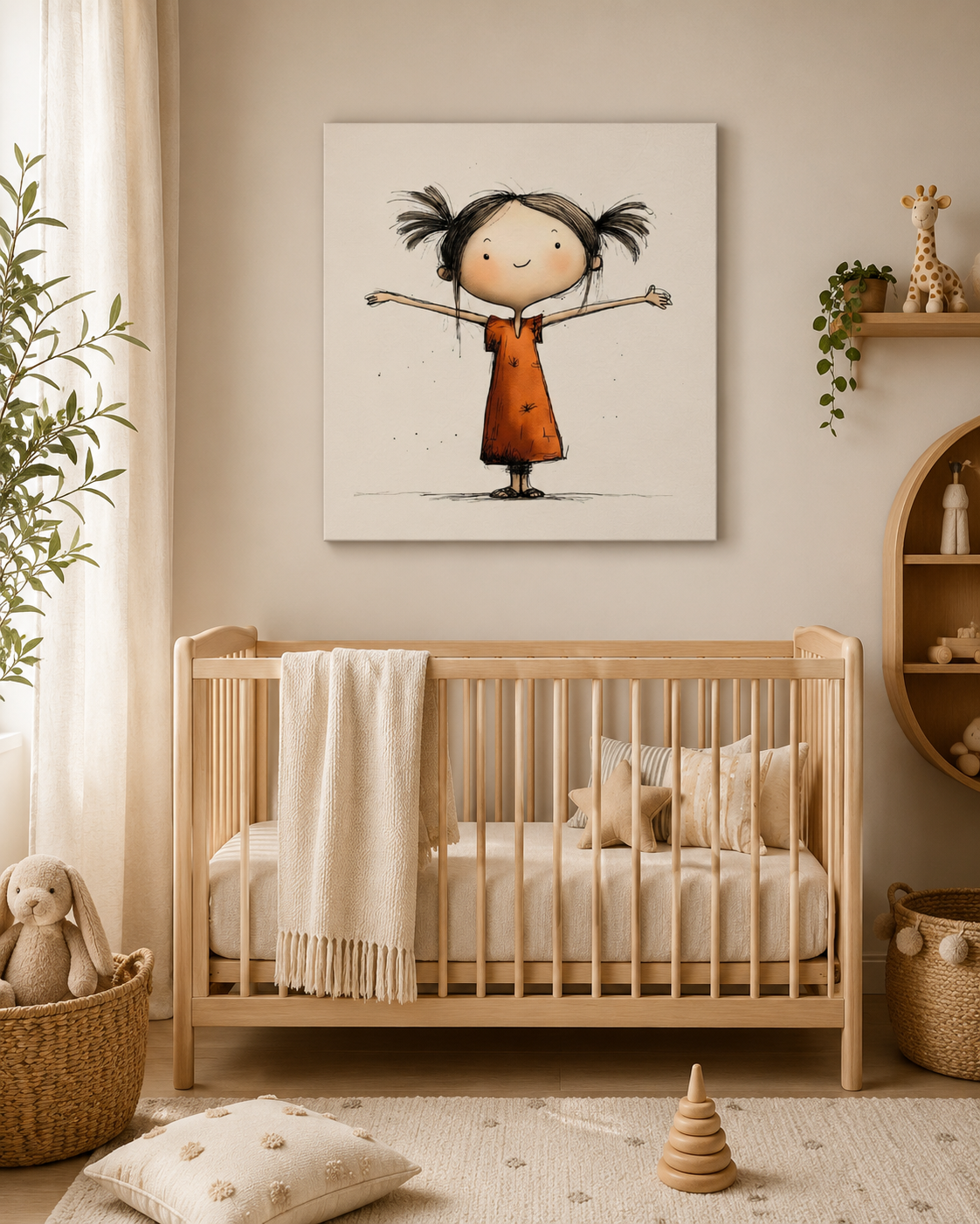 A square canvas wall art print featuring a whimsical cartoon girl with dark pigtails and an orange dress, displayed above a light wood crib in a softly styled nursery room.
