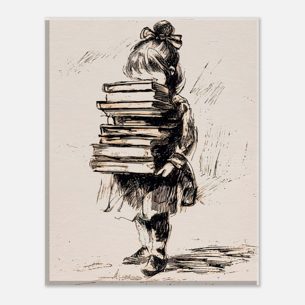 A vintage-style art print featuring an ink sketch of a young girl carrying a tall stack of books on her back, shown against a light neutral background.