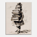 A vintage-style art print featuring an ink sketch of a young girl carrying a tall stack of books on her back, shown against a light neutral background.