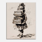 A vintage-style art print featuring an ink sketch of a young girl carrying a tall stack of books on her back, shown against a light neutral background.