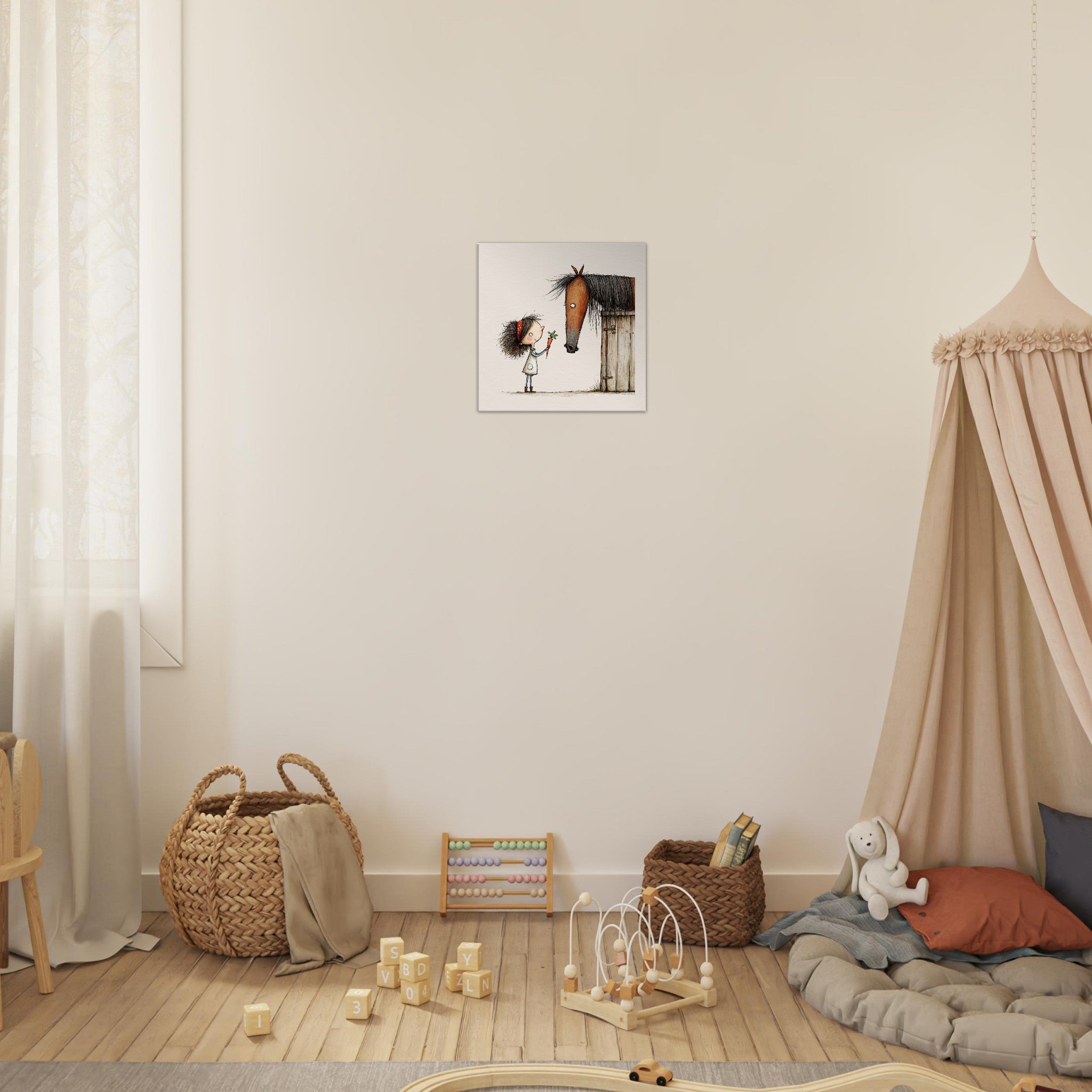 A framed wall art print depicting a horse and a child hanging on a cream wall in a styled children's playroom with wooden toys, woven baskets, and a beige canopy bed.