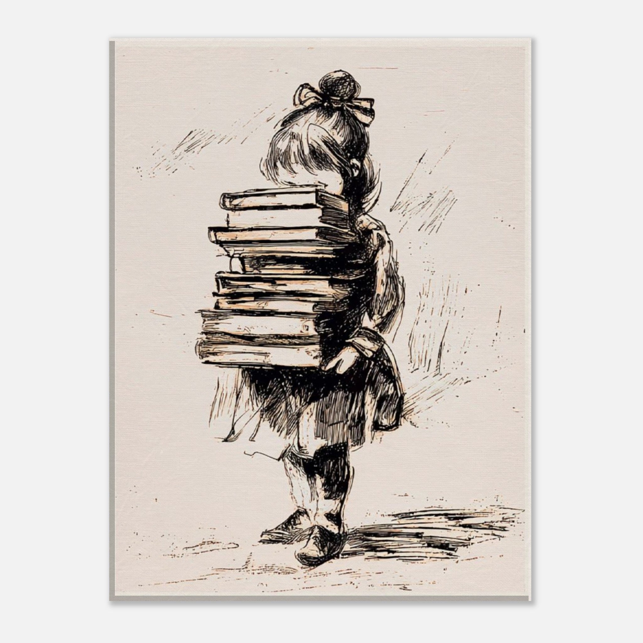 A vertical art print featuring a sepia-toned sketch of a young girl carrying a tall stack of books on her back, shown against a light neutral background.