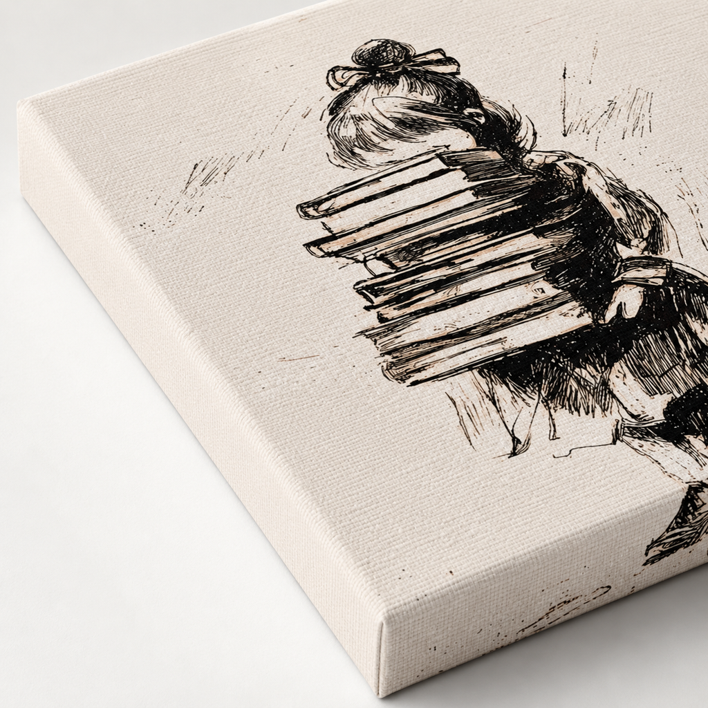 A square canvas print featuring a black ink sketch of a girl carrying a stack of books, shown at an angle on a clean white background.