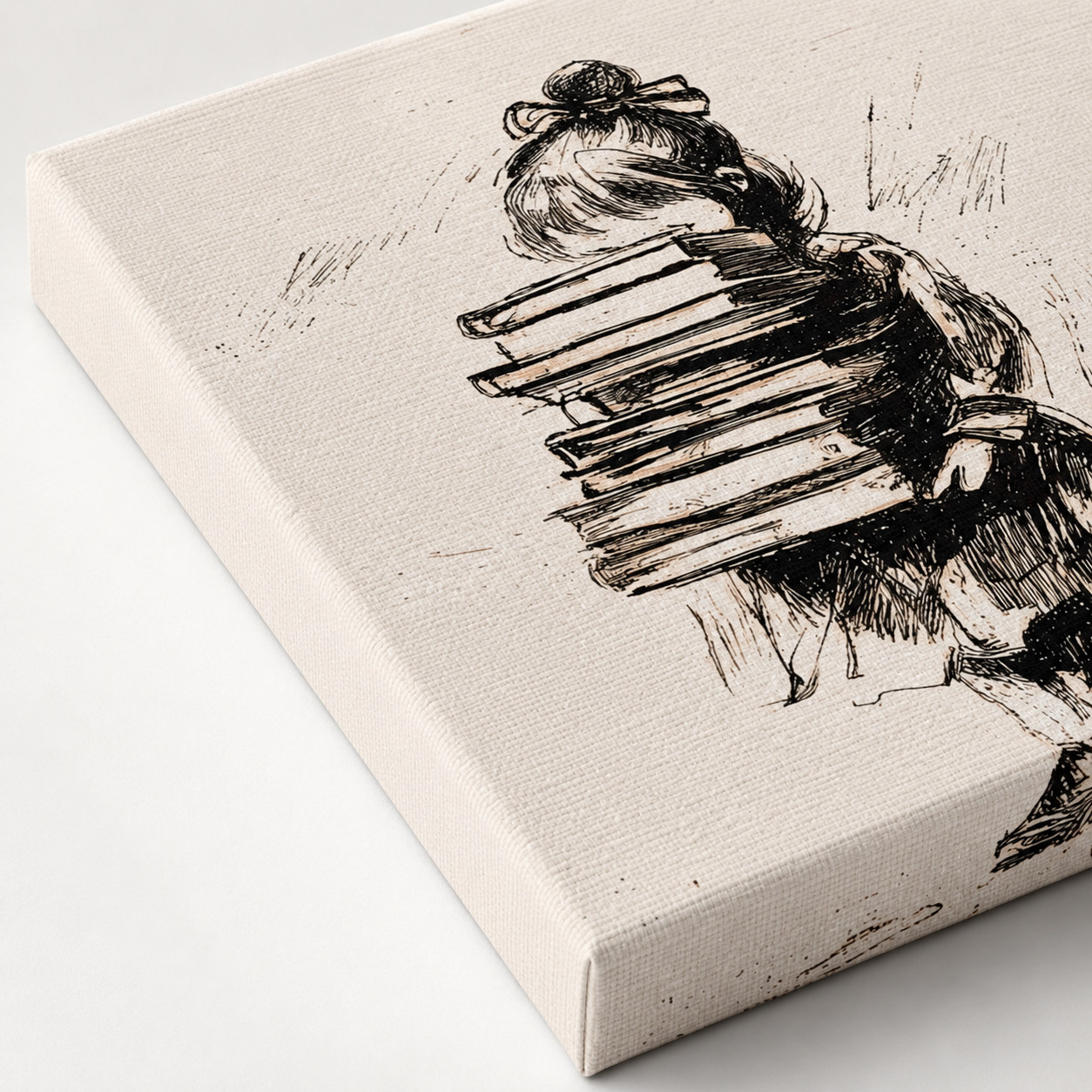 A square canvas print featuring a black ink sketch of a girl carrying a stack of books, shown at an angle on a clean white background.