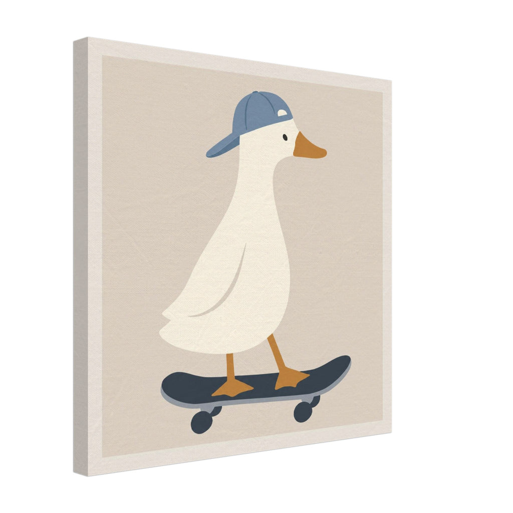 A square canvas wall art print featuring a stylized white duck wearing a blue cap and standing on a dark skateboard against a warm beige background, shown at a slight angle with a white border.