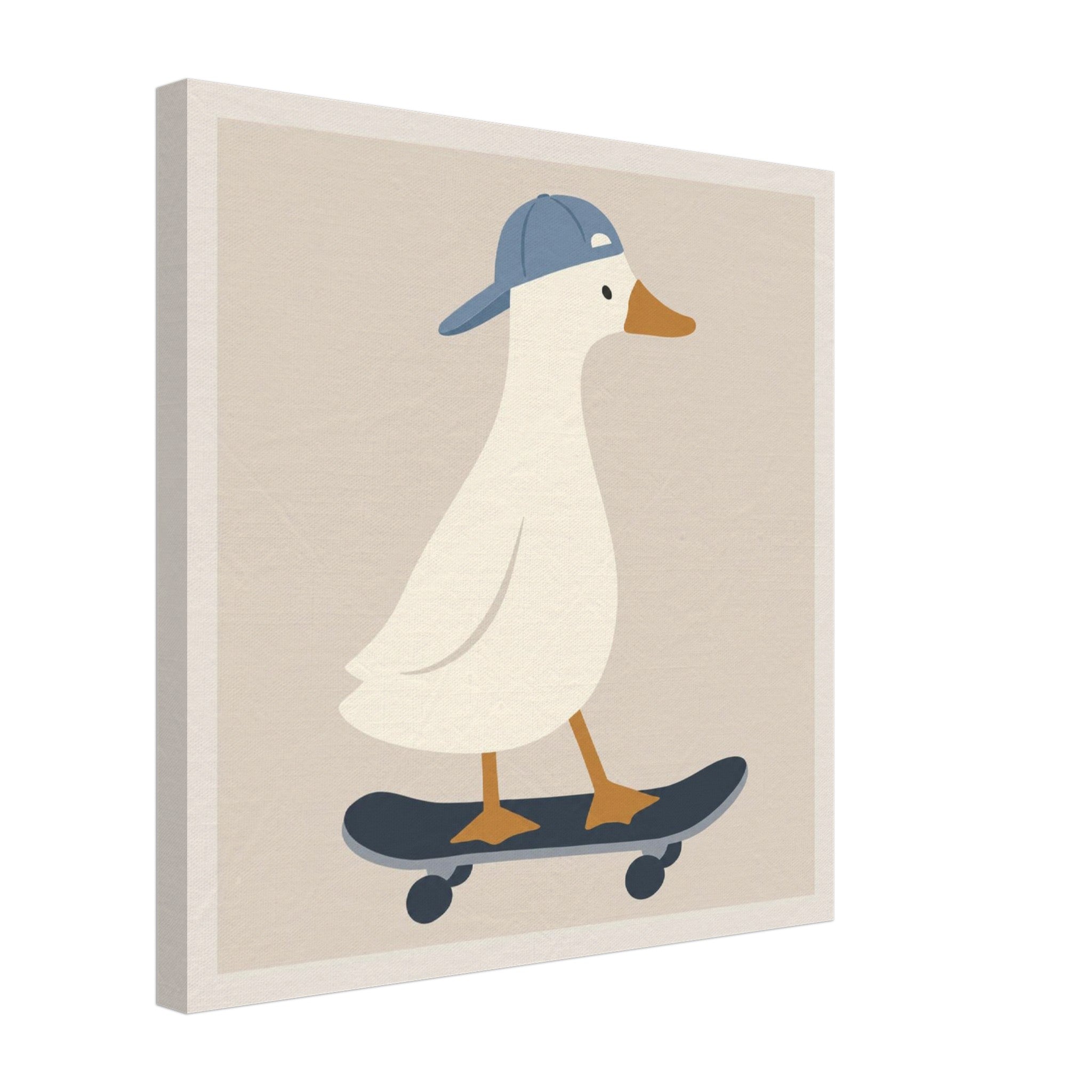 A square canvas wall art print featuring a stylized white duck wearing a blue cap and standing on a dark skateboard against a warm beige background, shown at a slight angle with a white border.