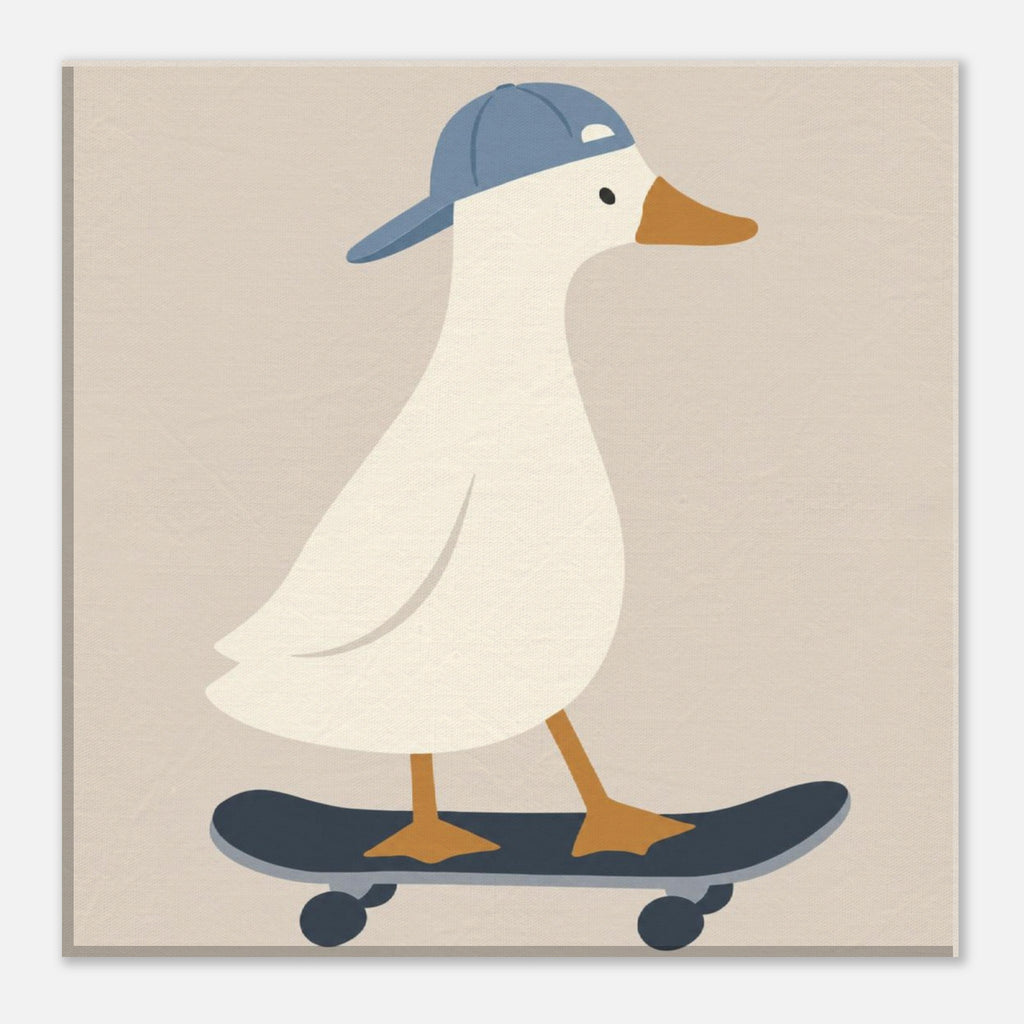 A square art print featuring a stylized white duck wearing a blue cap and standing on a dark skateboard against a warm beige background.