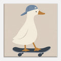 A square art print featuring a stylized white duck wearing a blue cap and standing on a dark skateboard against a warm beige background.