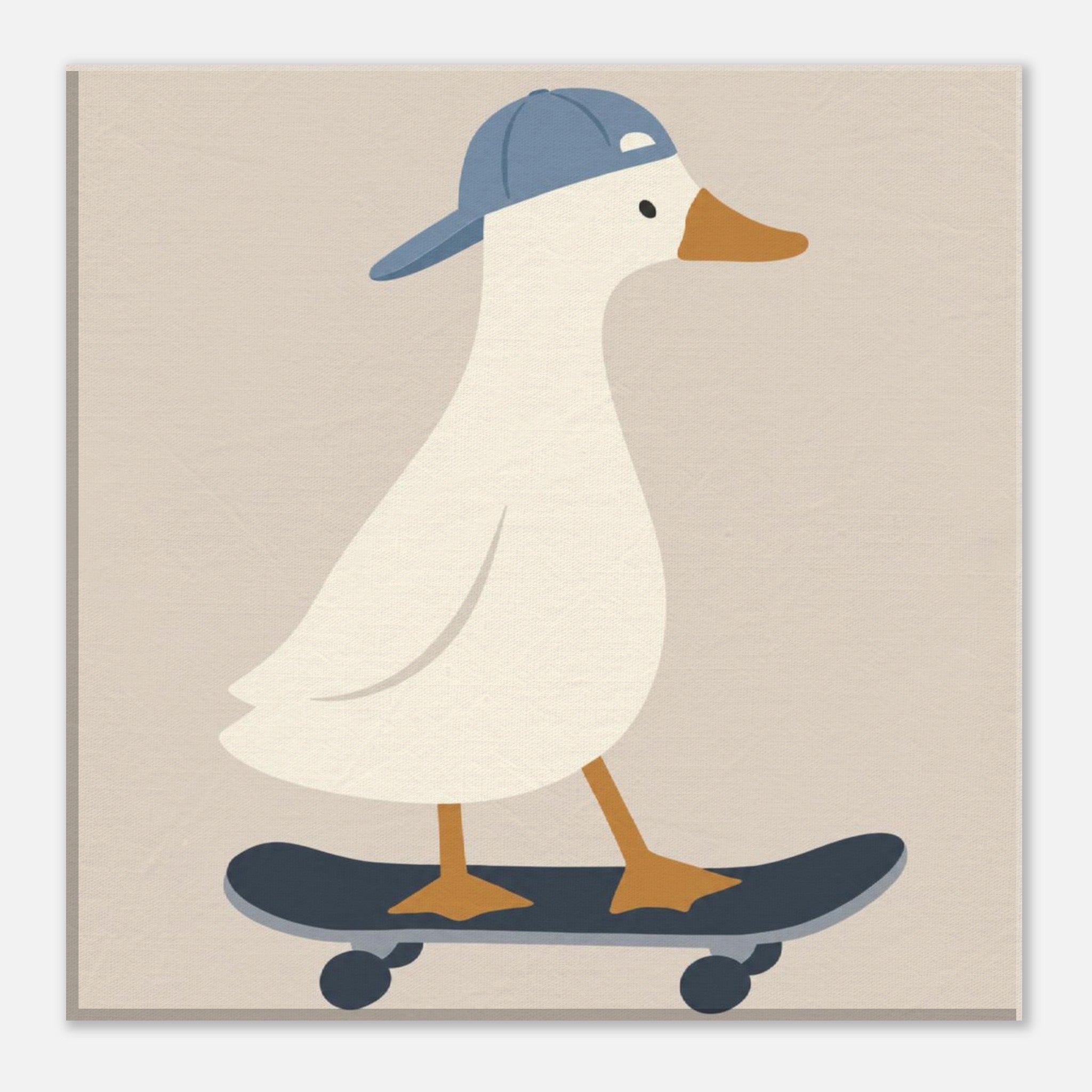 A square art print featuring a stylized white duck wearing a blue cap and standing on a dark skateboard against a warm beige background.