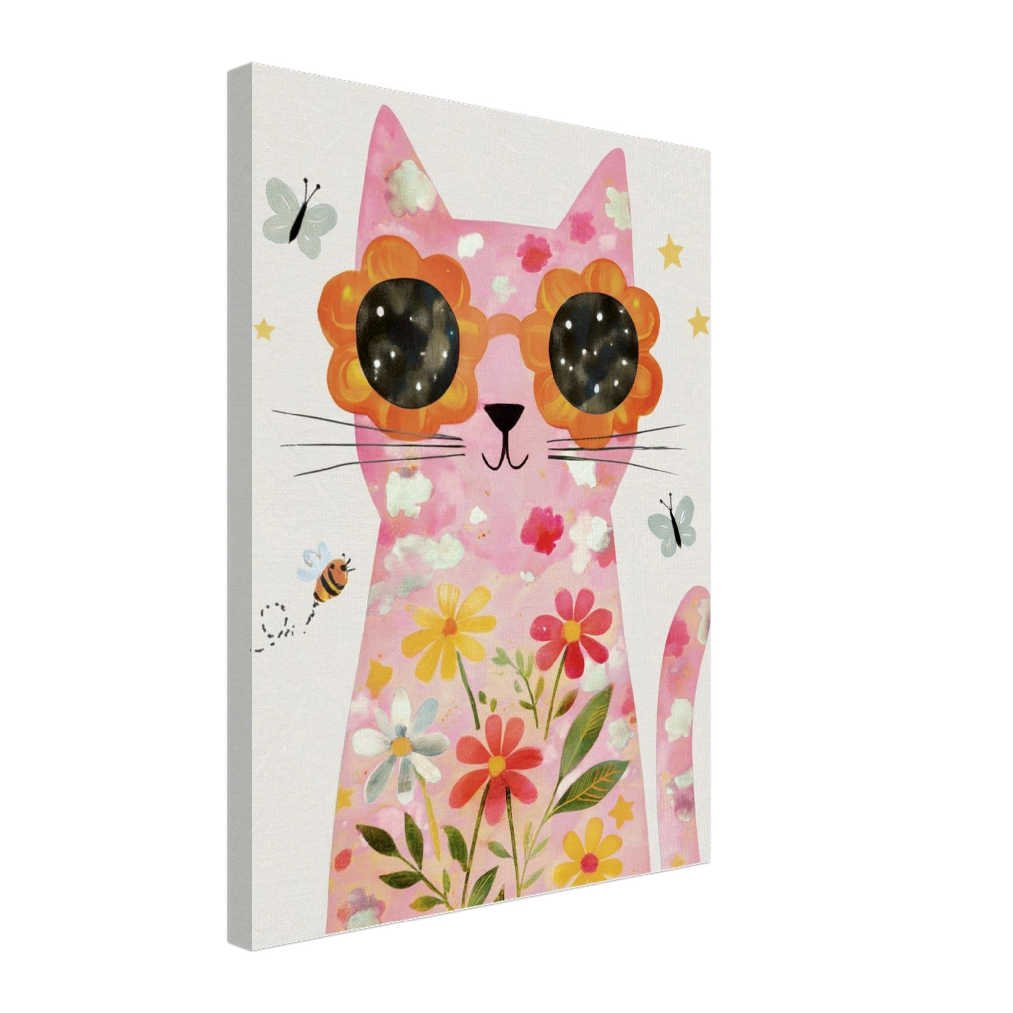 A vertical canvas wall art print featuring a whimsical pink cat decorated with flowers and wearing orange flower-shaped sunglasses with black starry lenses. The background of the artwork is white, and the canvas is shown at a slight angle against a solid white background.