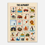 A children's alphabet poster featuring the 26 letters of the alphabet in a grid format, with colorful cartoon illustrations representing each letter. The poster is displayed against a clean, light gray background.