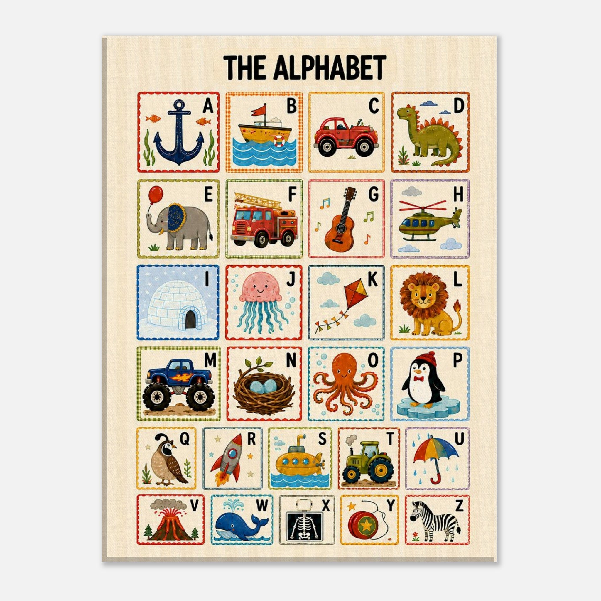 A children's alphabet poster featuring the 26 letters of the alphabet in a grid format, with colorful cartoon illustrations representing each letter. The poster is displayed against a clean, light gray background.