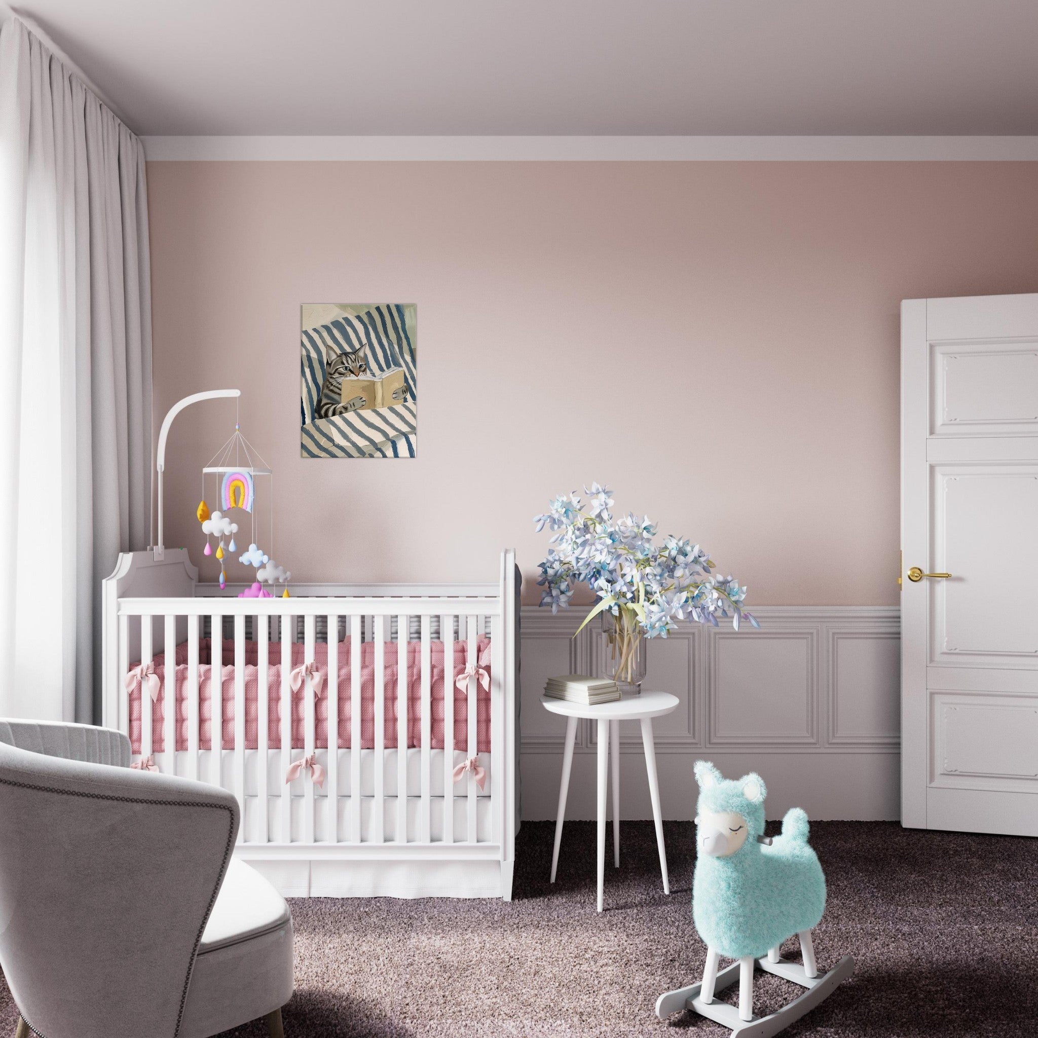 A styled nursery room featuring a white wooden crib with pink bedding, a small white side table with blue flowers, a light blue plush rocking horse, and a dusty pink wall with white paneling.
