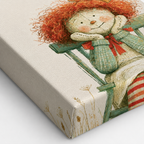 A close-up of a canvas print or wrapped canvas showing a whimsical illustration of a doll with bright red curly hair, a cream face, and a green plaid outfit sitting in a green chair. The canvas itself has a textured cream fabric surface with subtle gold floral line drawings along the edge.