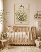 A personalized nursery scene featuring a light wood crib with a cream blanket, a small side table with flowers, a stuffed bunny on a shelf, and a framed botanical print on the wall reading 'May Lily of the Valley' and 'Mia'.