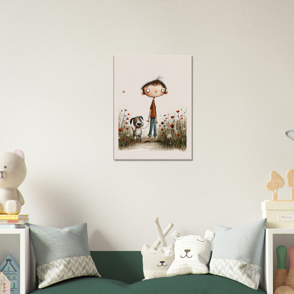 A vertical framed wall art print depicting a child and a dog in a flower field, displayed above a green sofa in a styled children's room with pillows and toys.
