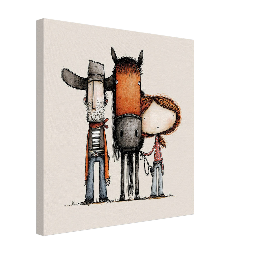 A square canvas wall art print featuring a whimsical, hand-drawn illustration of a cowboy, a horse, and a girl on a warm beige background.