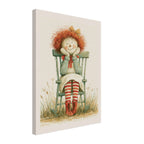 A vertical canvas wall art print featuring a vintage-style illustration of a red-haired doll sitting on a green chair, shown against a plain white background.