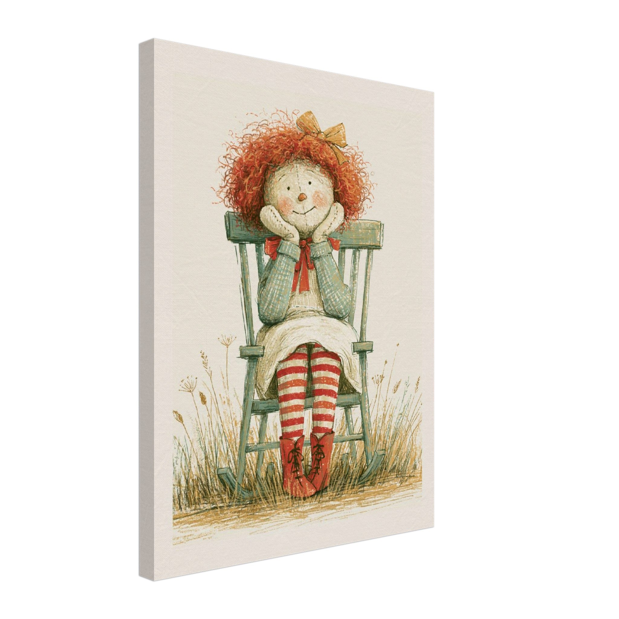 A vertical canvas wall art print featuring a vintage-style illustration of a red-haired doll sitting on a green chair, shown against a plain white background.