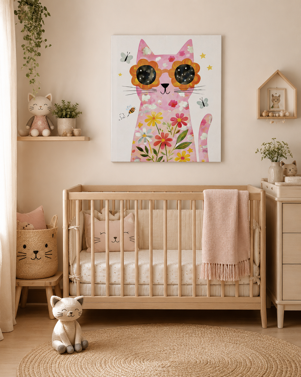 A styled nursery room featuring a wooden crib with a pink blanket, a cat-shaped pillow, and a framed colorful cat art print on the beige wall above it.