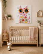 A styled nursery room featuring a wooden crib with a pink blanket, a cat-shaped pillow, and a framed colorful cat art print on the beige wall above it.