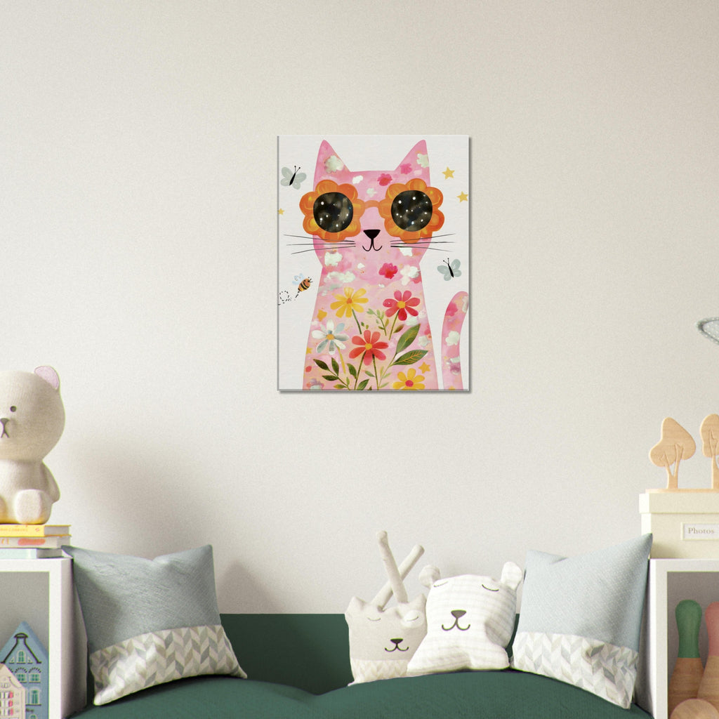 A vertical canvas wall art print featuring a pink cat with colorful floral sunglasses, displayed on a light beige wall above a green sofa in a styled room setting.