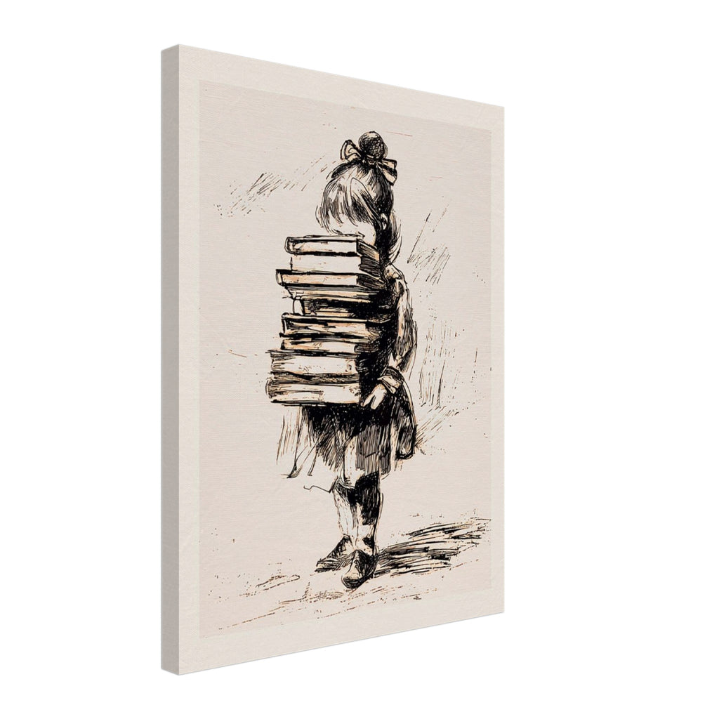 A vertical canvas wall art print featuring a sepia-toned sketch of a child carrying a tall stack of books, shown at an angle against a plain white background.