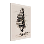 A vertical canvas wall art print featuring a sepia-toned sketch of a child carrying a tall stack of books, shown at an angle against a plain white background.